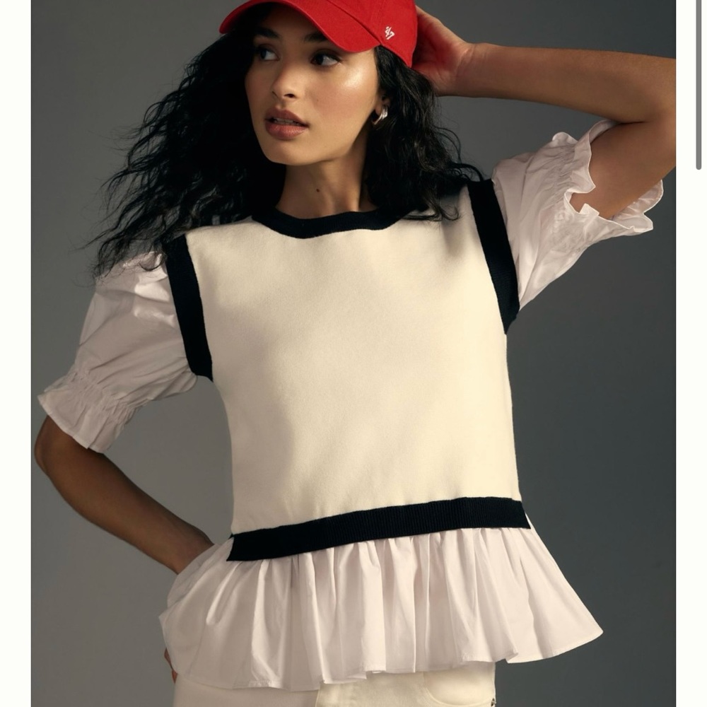NWT! Anthropologie Layered Poplin Sweater Top in White, Off White, Black size XS